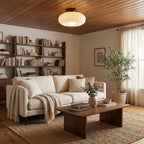 Cream Glass Ceiling Lamp – French Bauhaus Round Design With Wood Accent