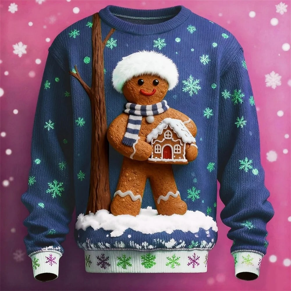 Men's Christmas Sweater – 3D Santa Claus Face Fuzzy Knit Pullover with Long Sleeves