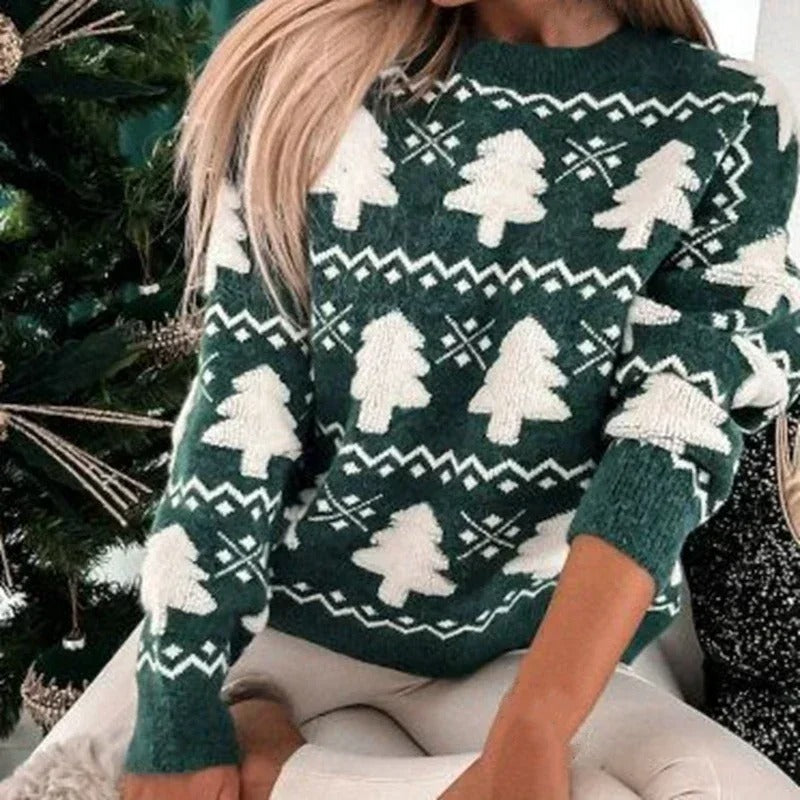 Women's Christmas Tree Knit Sweater – Cozy Long Sleeve Festive Pullover
