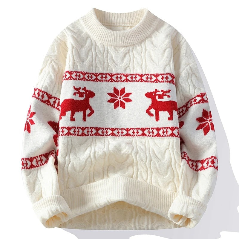 Men's Christmas Sweater – Cable Knit Reindeer and Snowflake Winter Pullover