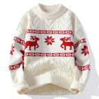 Men's Christmas Sweater – Cable Knit Reindeer and Snowflake Winter Pullover