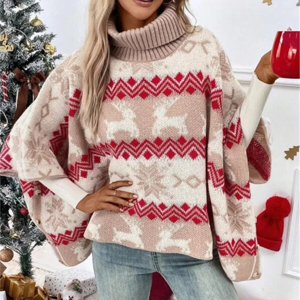 Women's Christmas Turtleneck Sweater – Loose Fit Batwing Sleeve Knit Pullover