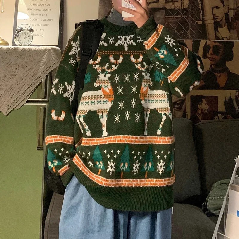 Unisex Christmas Moose Print Sweater – Long Sleeve Festive Knit Pullover