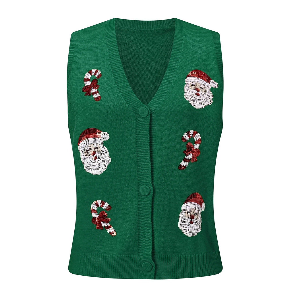 Women's Christmas Sweater Vest – Festive Sequin Gingerbread Men and Candy Cane Button-Up Cardigan
