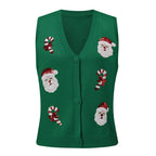 Women's Christmas Sweater Vest – Festive Sequin Gingerbread Men and Candy Cane Button-Up Cardigan