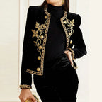 Women's Black Velvet Jacket – Gold Floral Embroidered Long Sleeve Button-Up Coat