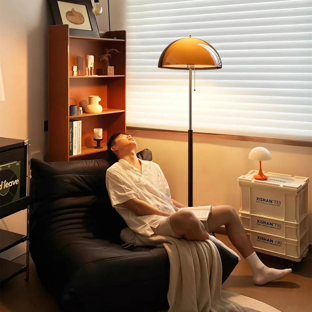 Amber Glass Floor Lamp – Retro Style With Walnut Wood And Metal Base