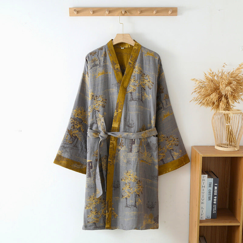 100% Cotton Kimono Bathrobe | Lightweight Breathable Dressing Gown | Soft Retro Style Spa Robe for Everyday Loungewear