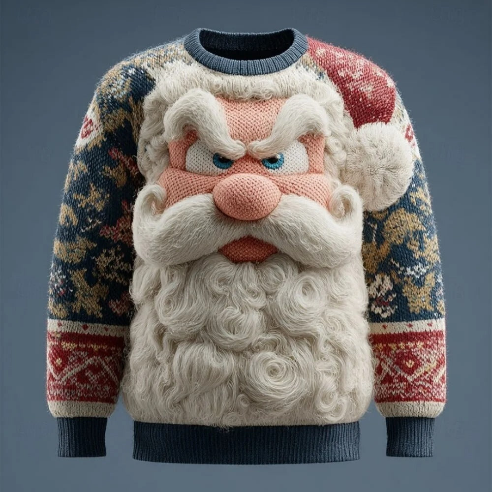 Men's Christmas Sweater – 3D Santa Claus Face Fuzzy Knit Pullover with Long Sleeves