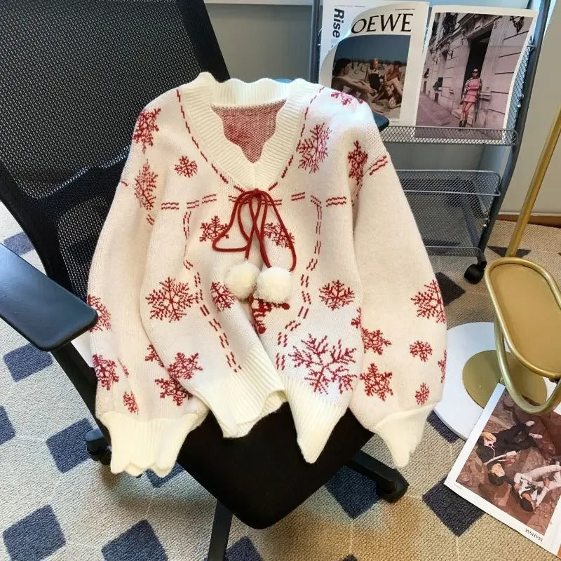 Women's Christmas Snowflake Sweater – Vintage White Knit Pullover with Red Snowflake Print