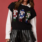 Women's Christmas Sweater Vest – Festive Sequin Gingerbread Men and Candy Cane Button-Up Cardigan