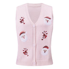 Women's Christmas Sweater Vest – Festive Sequin Gingerbread Men and Candy Cane Button-Up Cardigan