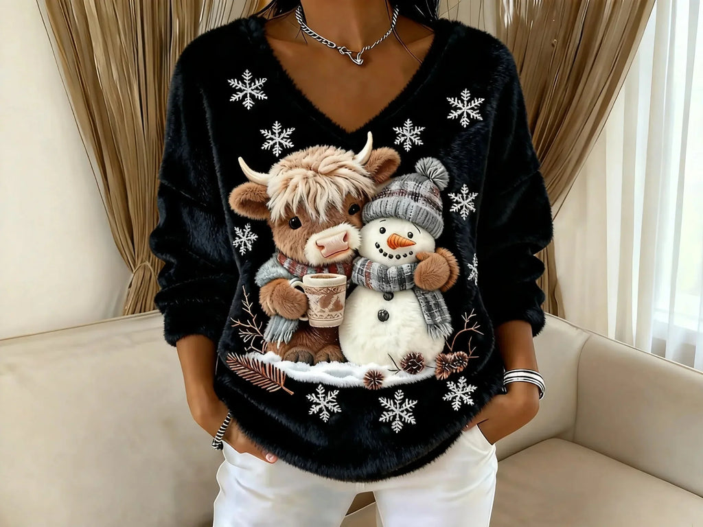 Women's Festive Christmas Sweater with Reindeer and Snowman Motif | Warm Holiday Knit Jumper for Winter Festive Celebrations