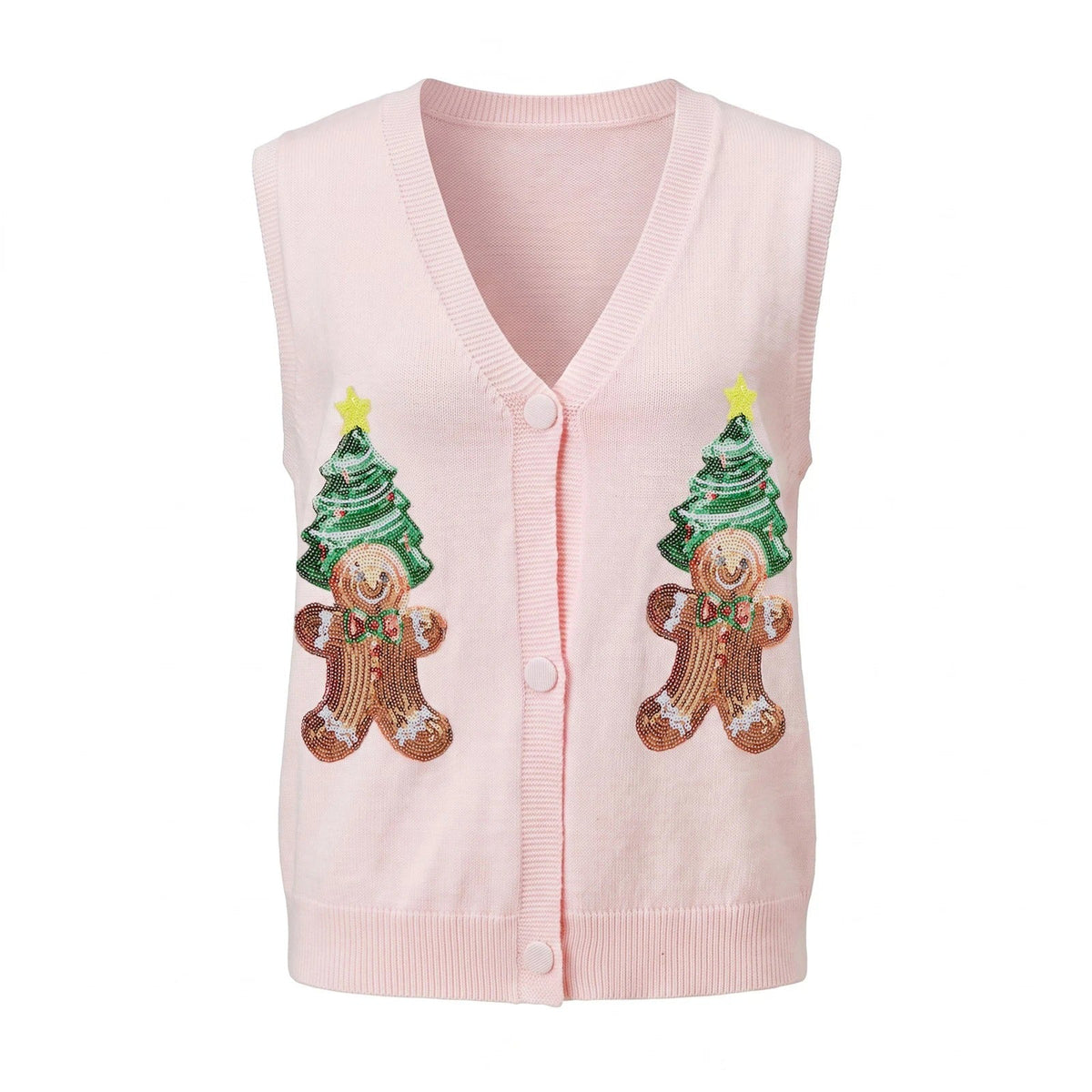 Women's Christmas Sweater Vest – Festive Sequin Gingerbread Men and Candy Cane Button-Up Cardigan