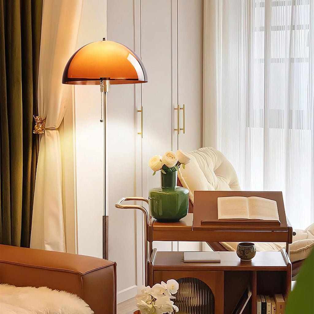 Amber Glass Floor Lamp – Retro Style With Walnut Wood And Metal Base