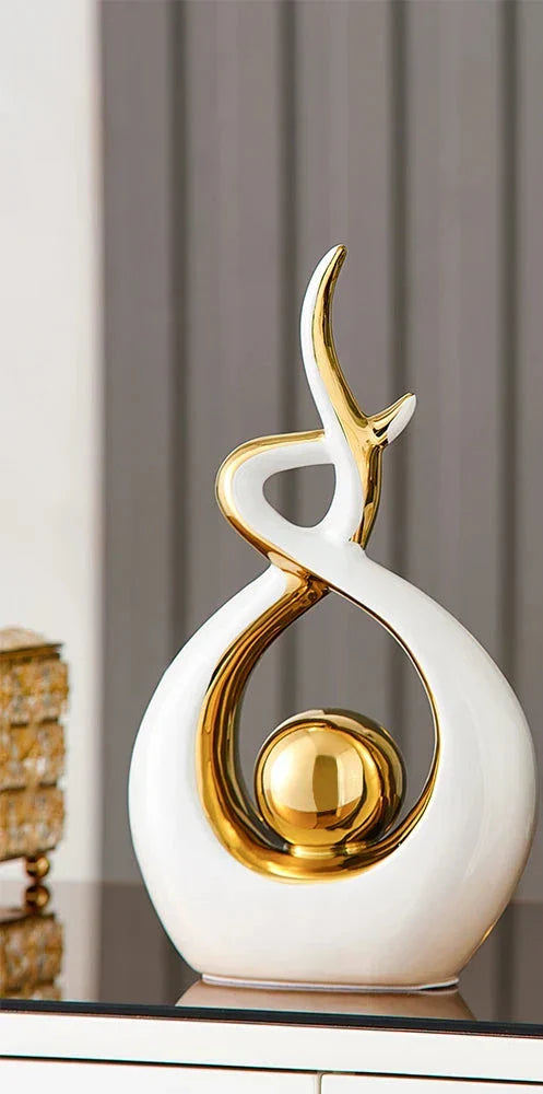 Abstract Sculpture Ceramic with Gold Accents | Modern Artistic Centerpiece for Shelves and Mantles | Contemporary Home Decor