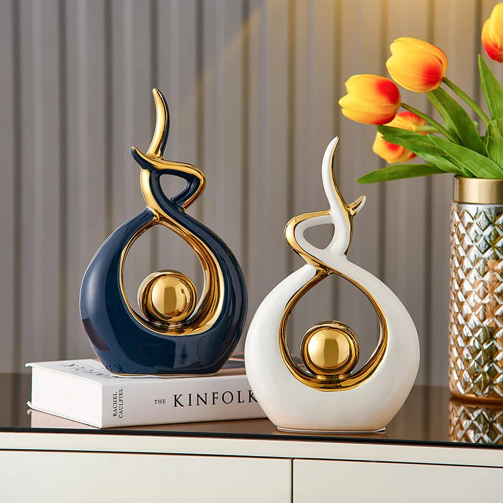 Abstract Sculpture Ceramic with Gold Accents | Modern Artistic Centerpiece for Shelves and Mantles | Contemporary Home Decor
