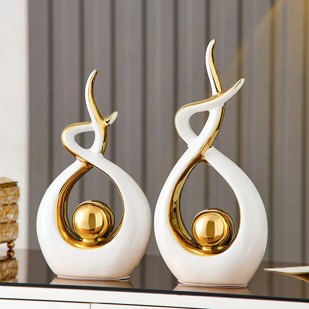 Abstract Sculpture Ceramic with Gold Accents | Modern Artistic Centerpiece for Shelves and Mantles | Contemporary Home Decor