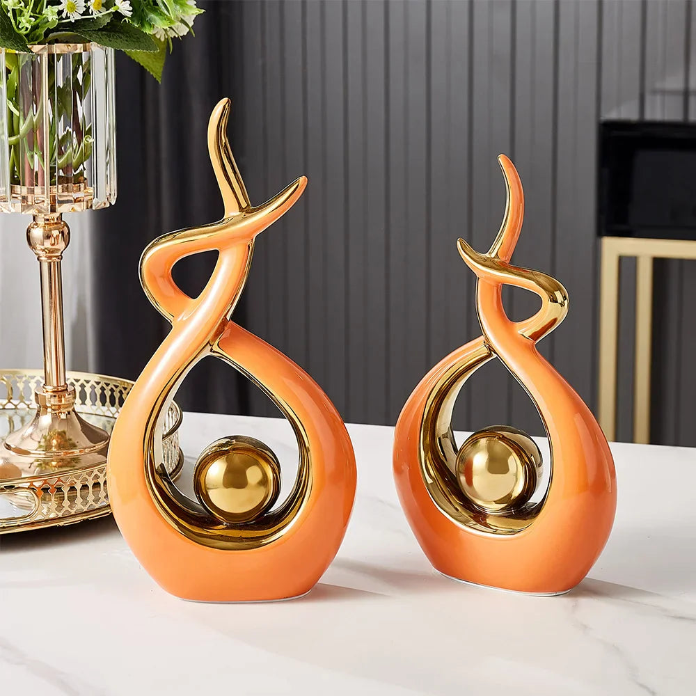 Abstract Sculpture Ceramic with Gold Accents | Modern Artistic Centerpiece for Shelves and Mantles | Contemporary Home Decor