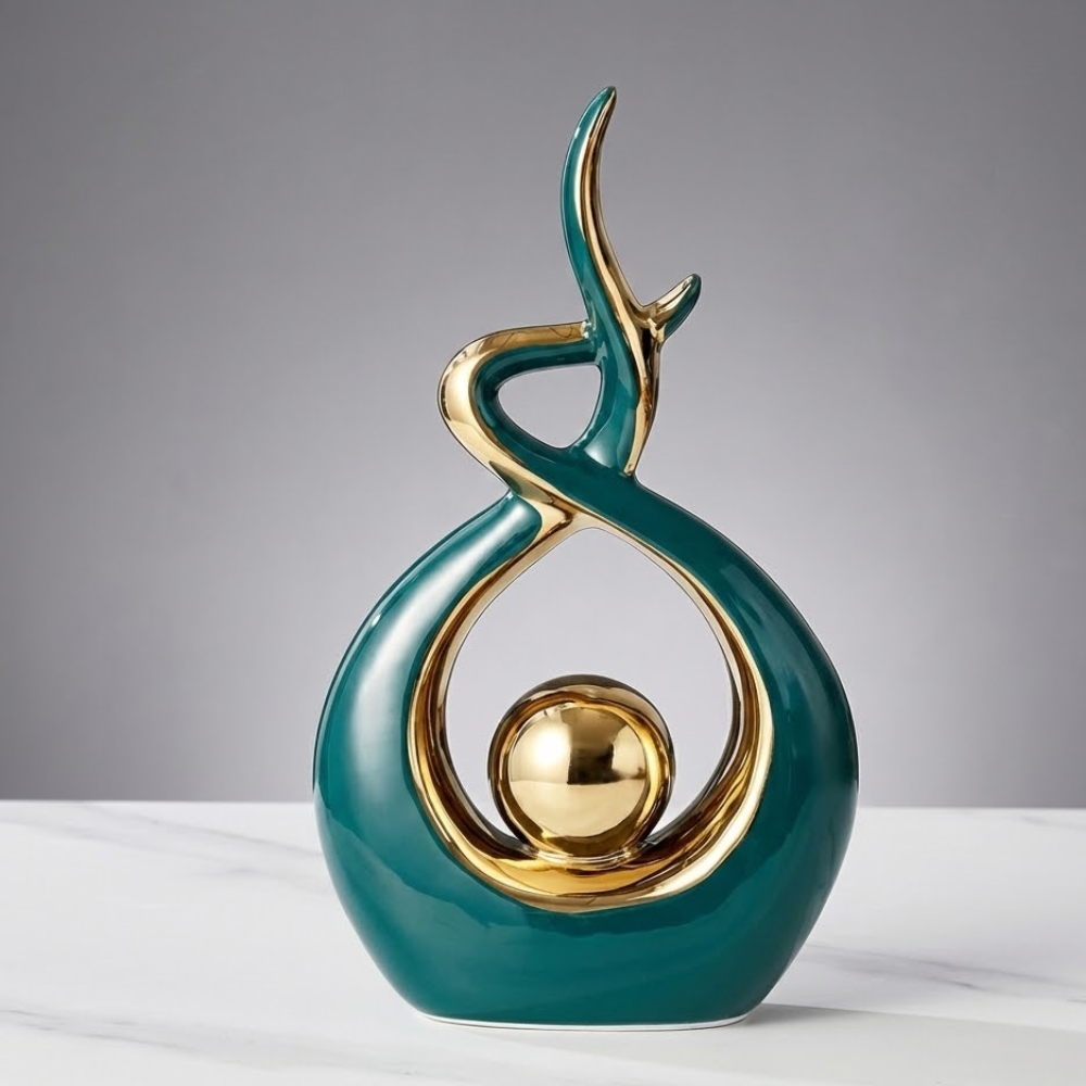 Abstract Sculpture Ceramic with Gold Accents | Modern Artistic Centerpiece for Shelves and Mantles | Contemporary Home Decor