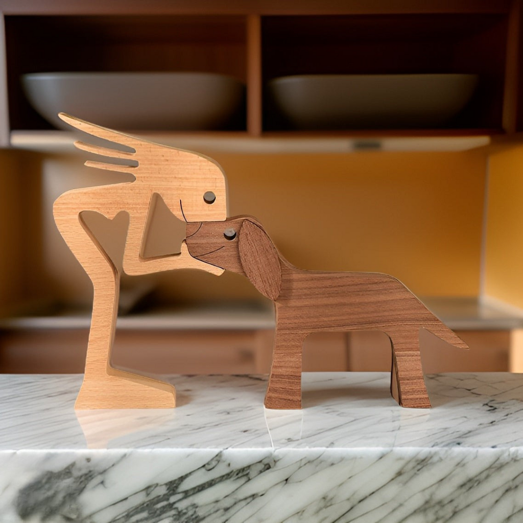 Handmade Wooden Dog & Owner Statue