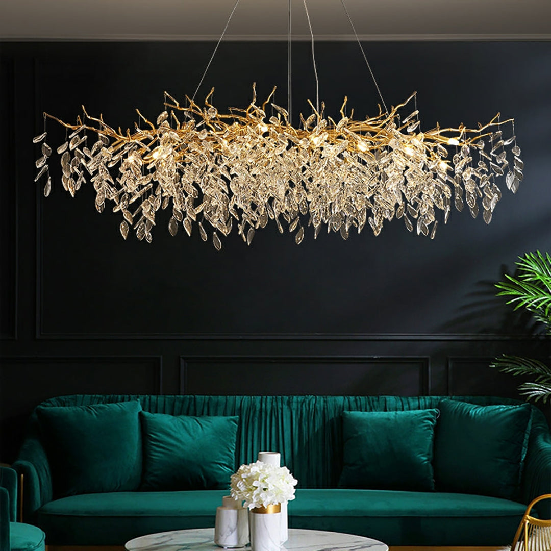 Glass Chandelier – French Style Gold Branch Design With Crystal Leaf Details
