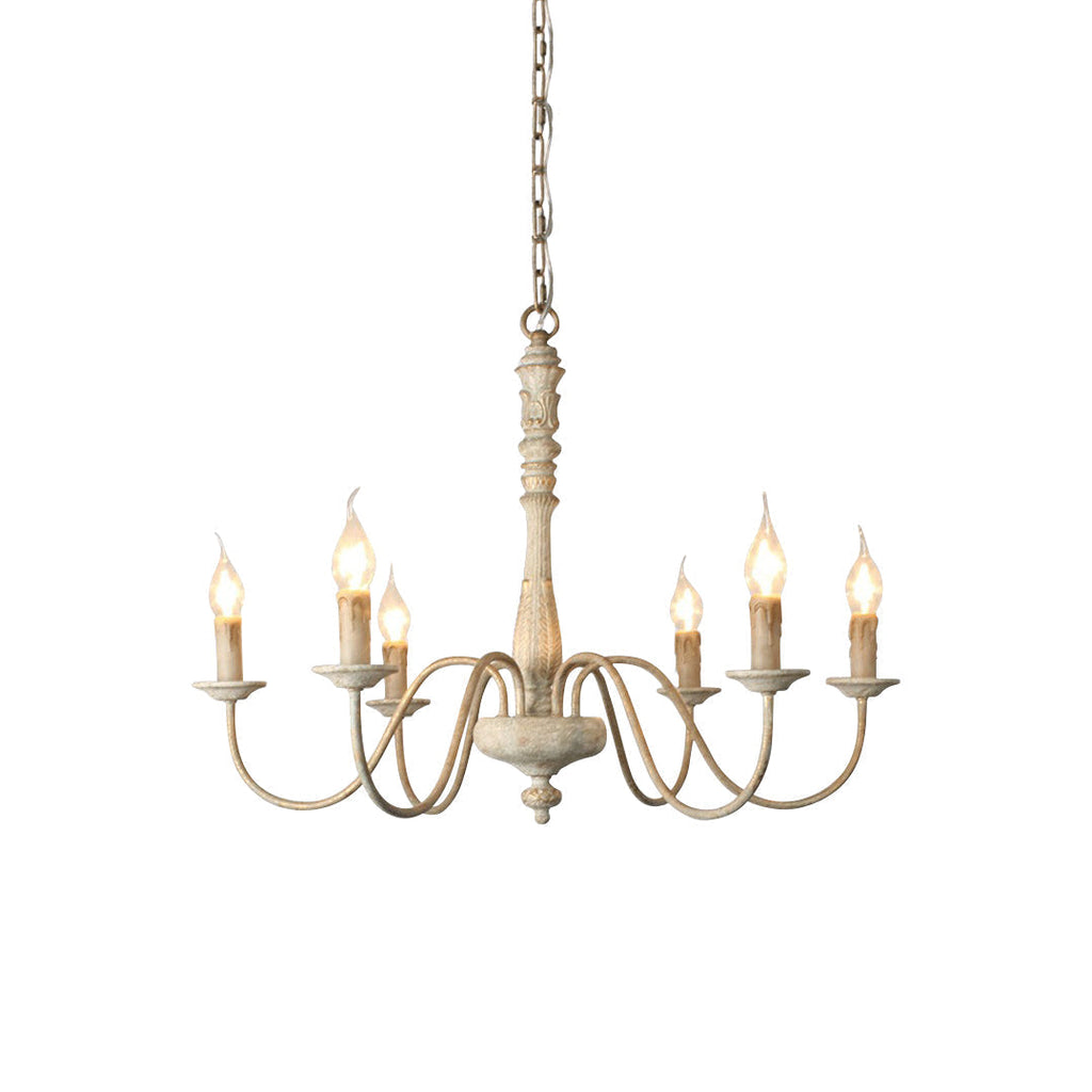 Farmhouse Chandelier Hand-Carved Wood and Iron 6-Light Fixture | Rustic Country Style | Multi-Chain Suspension System