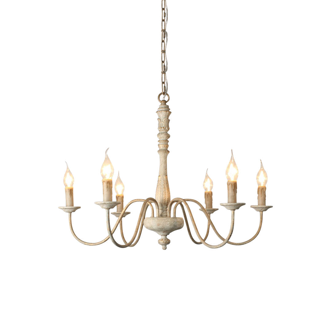 Farmhouse Chandelier Hand-Carved Wood and Iron 6-Light Fixture | Rustic Country Style | Multi-Chain Suspension System