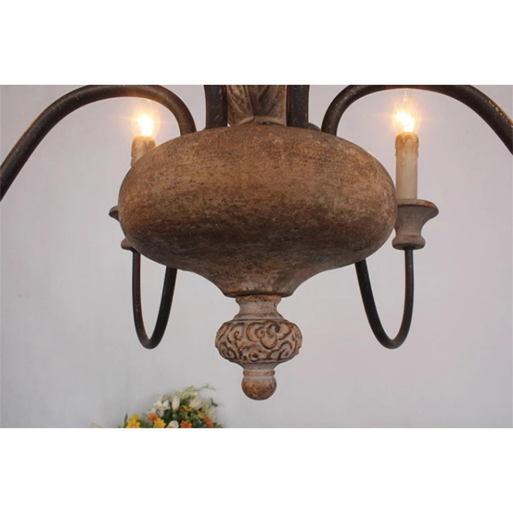 Farmhouse Chandelier Hand-Carved Wood and Iron 6-Light Fixture | Rustic Country Style | Multi-Chain Suspension System