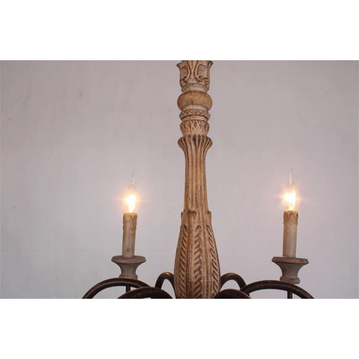 Farmhouse Chandelier Hand-Carved Wood and Iron 6-Light Fixture | Rustic Country Style | Multi-Chain Suspension System