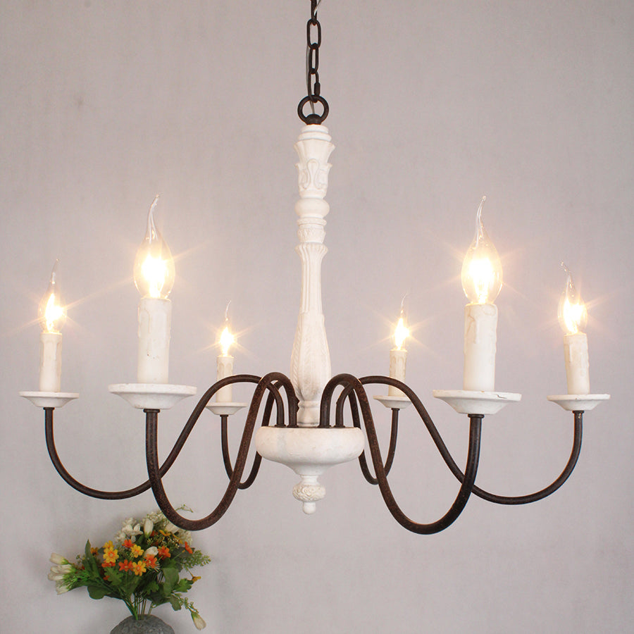 Farmhouse Chandelier Hand-Carved Wood and Iron 6-Light Fixture | Rustic Country Style | Multi-Chain Suspension System