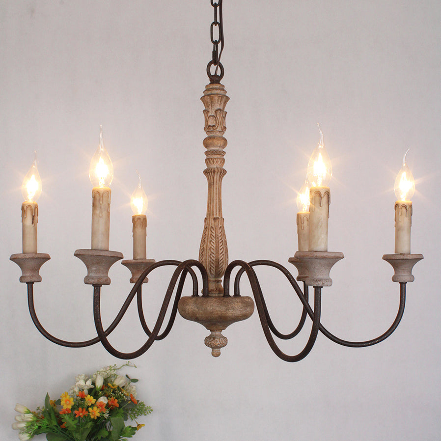 Farmhouse Chandelier Hand-Carved Wood and Iron 6-Light Fixture | Rustic Country Style | Multi-Chain Suspension System