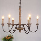 Farmhouse Chandelier Hand-Carved Wood and Iron 6-Light Fixture | Rustic Country Style | Multi-Chain Suspension System