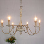 Farmhouse Chandelier Hand-Carved Wood and Iron 6-Light Fixture | Rustic Country Style | Multi-Chain Suspension System