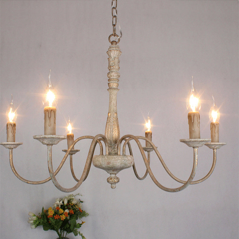 Farmhouse Chandelier Hand-Carved Wood and Iron 6-Light Fixture | Rustic Country Style | Multi-Chain Suspension System