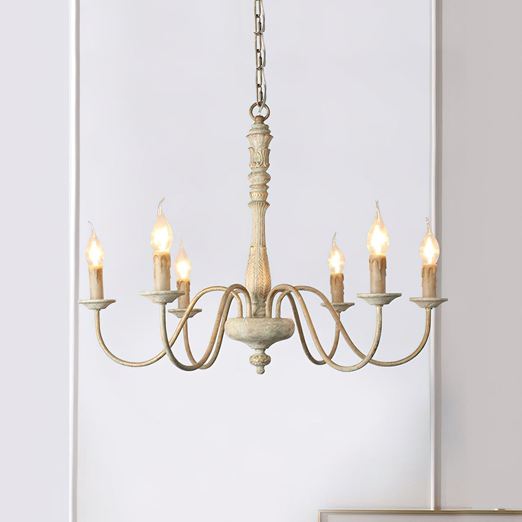 Farmhouse Chandelier Hand-Carved Wood and Iron 6-Light Fixture | Rustic Country Style | Multi-Chain Suspension System