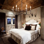 Farmhouse Chandelier Hand-Carved Wood and Iron 6-Light Fixture | Rustic Country Style | Multi-Chain Suspension System