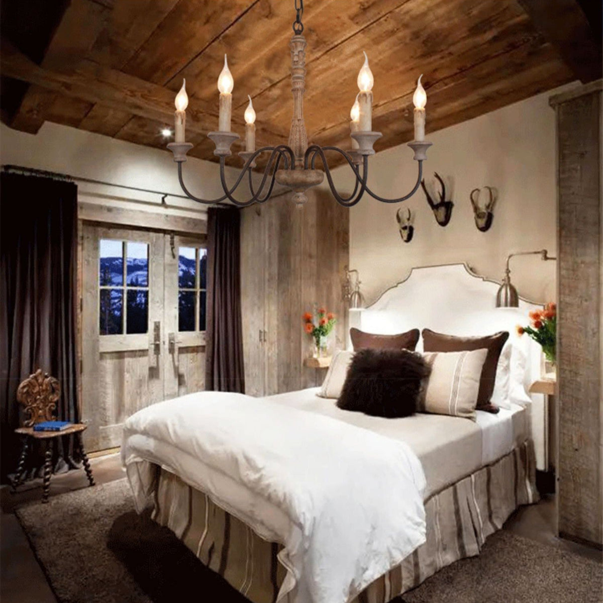 Farmhouse Chandelier Hand-Carved Wood and Iron 6-Light Fixture | Rustic Country Style | Multi-Chain Suspension System