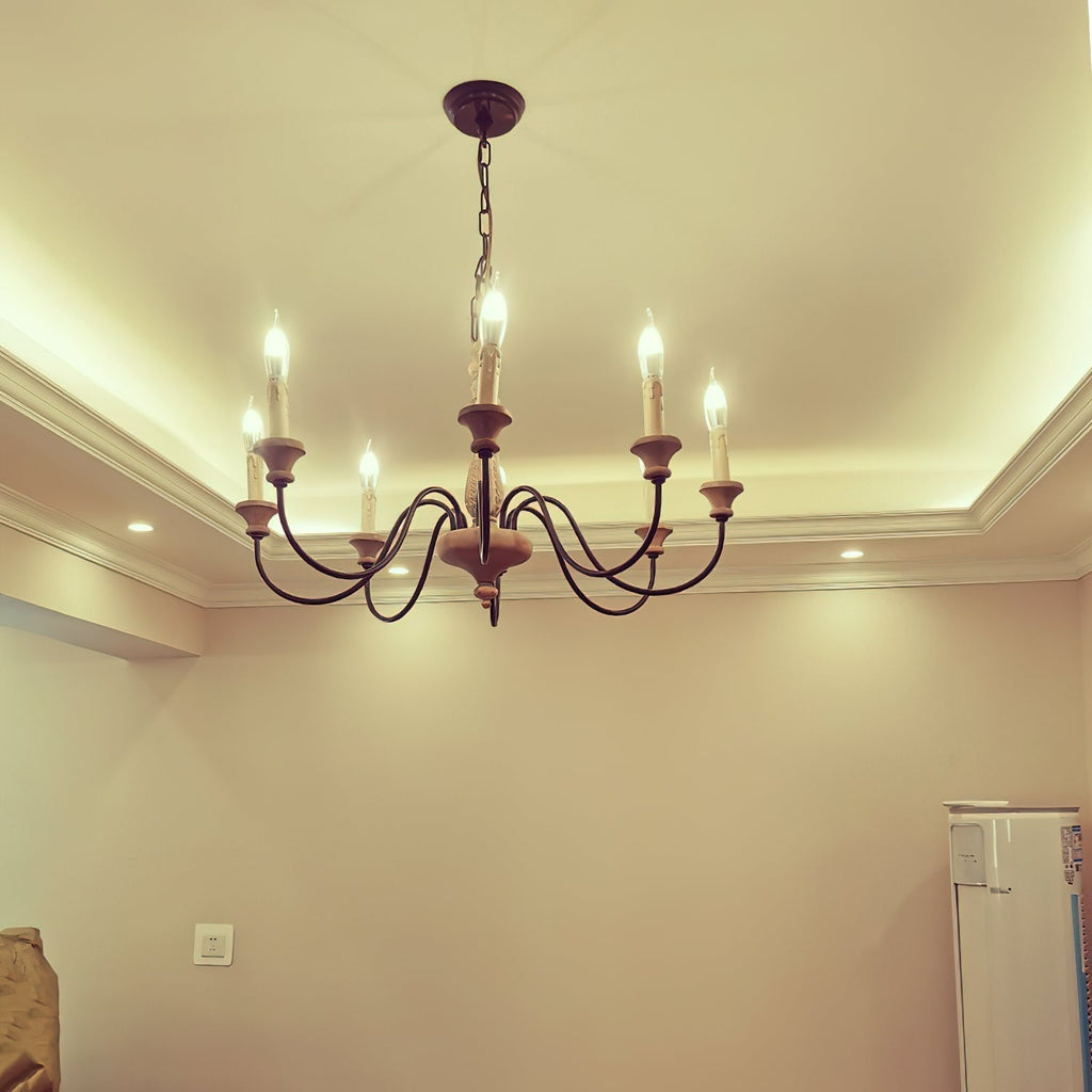 Farmhouse Chandelier Hand-Carved Wood and Iron 6-Light Fixture | Rustic Country Style | Multi-Chain Suspension System
