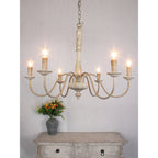 Farmhouse Chandelier Hand-Carved Wood and Iron 6-Light Fixture | Rustic Country Style | Multi-Chain Suspension System