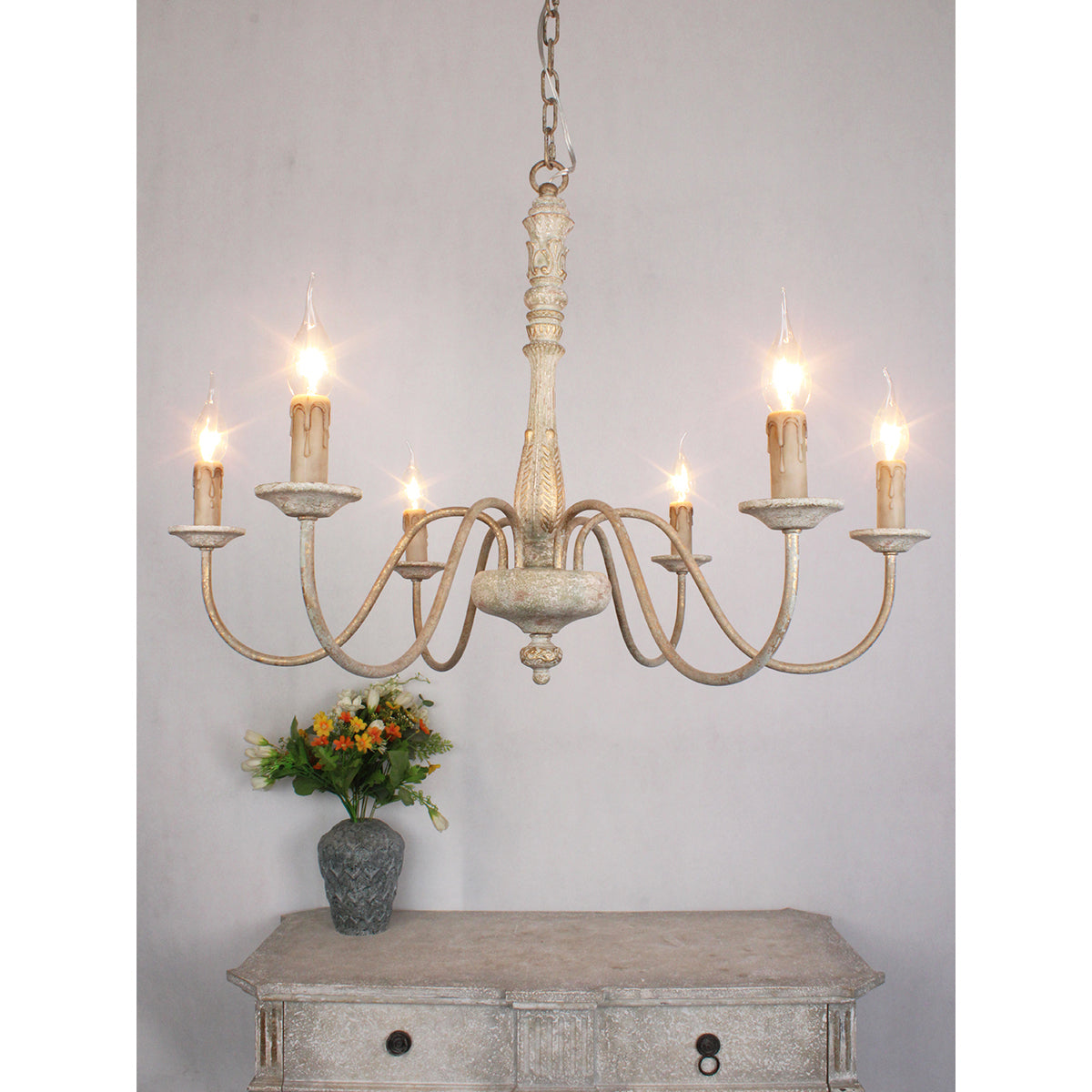 Farmhouse Chandelier Hand-Carved Wood and Iron 6-Light Fixture | Rustic Country Style | Multi-Chain Suspension System