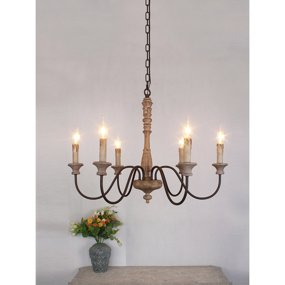 Farmhouse Chandelier Hand-Carved Wood and Iron 6-Light Fixture | Rustic Country Style | Multi-Chain Suspension System