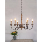 Farmhouse Chandelier Hand-Carved Wood and Iron 6-Light Fixture | Rustic Country Style | Multi-Chain Suspension System