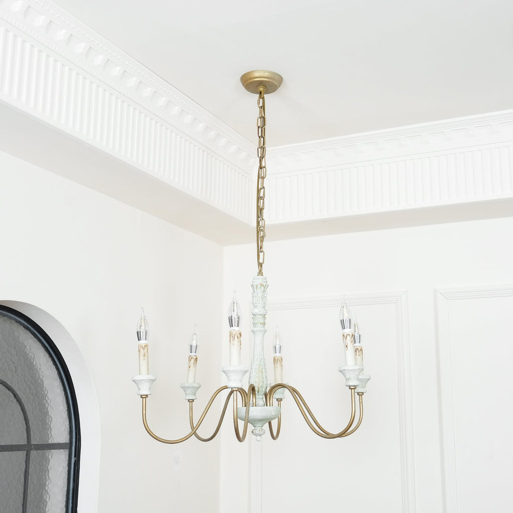 Farmhouse Chandelier Hand-Carved Wood and Iron 6-Light Fixture | Rustic Country Style | Multi-Chain Suspension System