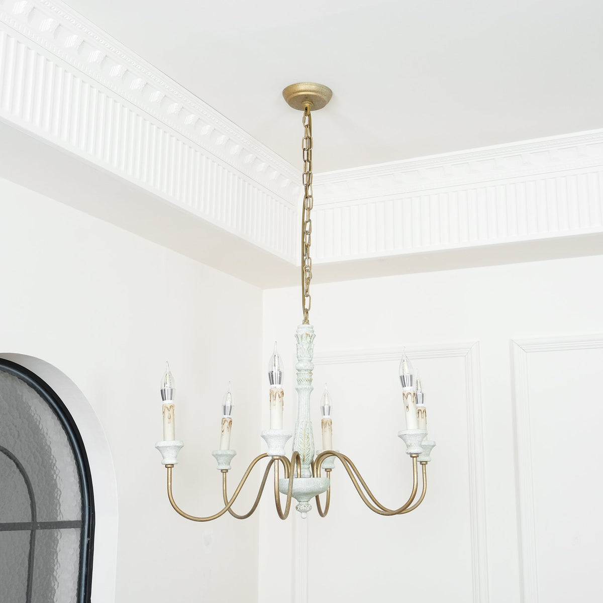 Farmhouse Chandelier Hand-Carved Wood and Iron 6-Light Fixture | Rustic Country Style | Multi-Chain Suspension System