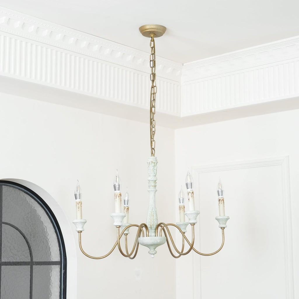 Farmhouse Chandelier Hand-Carved Wood and Iron 6-Light Fixture | Rustic Country Style | Multi-Chain Suspension System