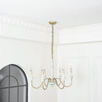 Farmhouse Chandelier Hand-Carved Wood and Iron 6-Light Fixture | Rustic Country Style | Multi-Chain Suspension System