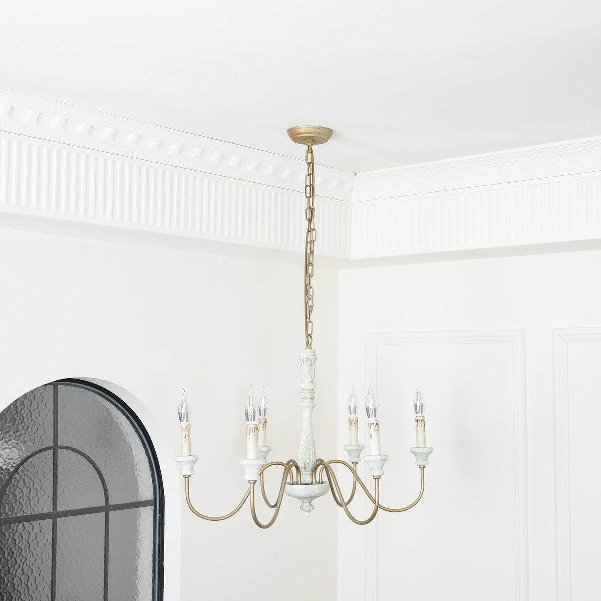 Farmhouse Chandelier Hand-Carved Wood and Iron 6-Light Fixture | Rustic Country Style | Multi-Chain Suspension System