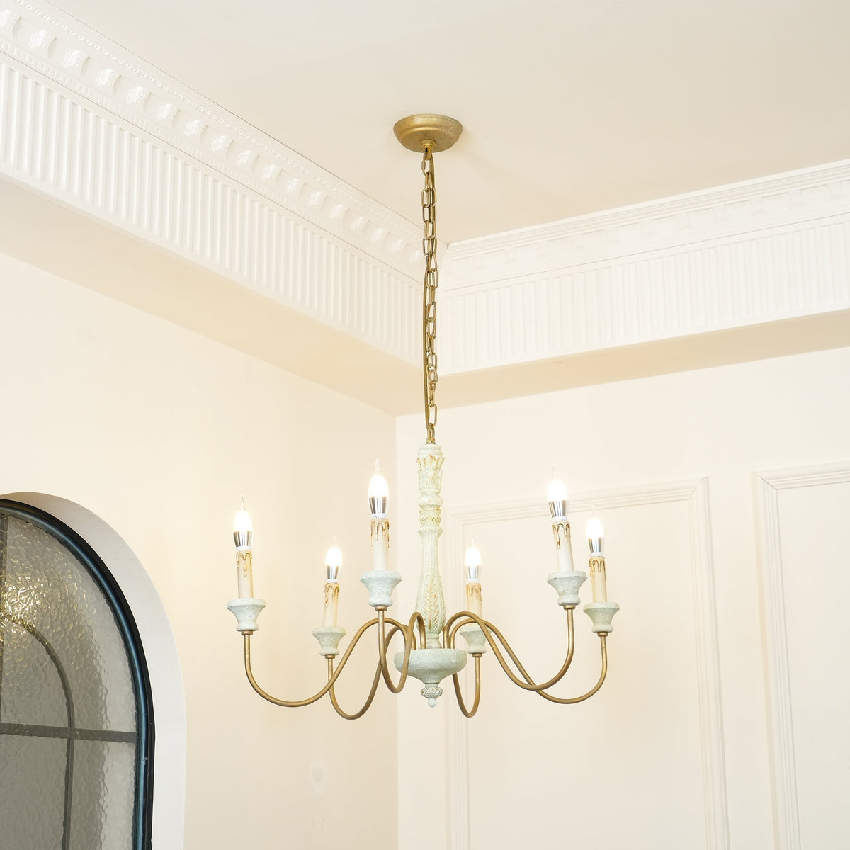 Farmhouse Chandelier Hand-Carved Wood and Iron 6-Light Fixture | Rustic Country Style | Multi-Chain Suspension System
