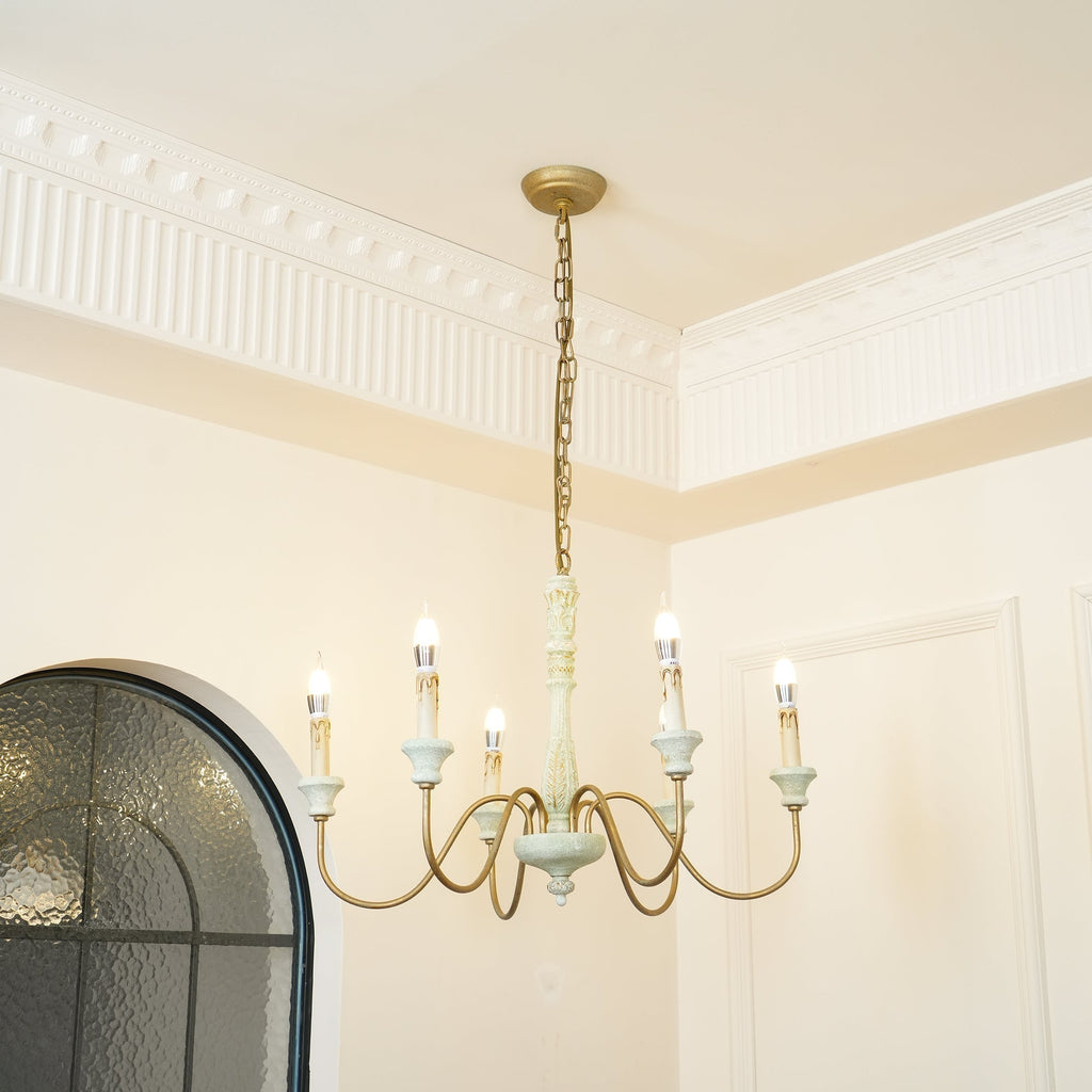 Farmhouse Chandelier Hand-Carved Wood and Iron 6-Light Fixture | Rustic Country Style | Multi-Chain Suspension System